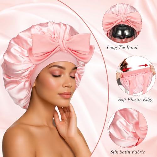 Adjustable Satin Silk Sleep Bonnet for Curly Hair - Pink