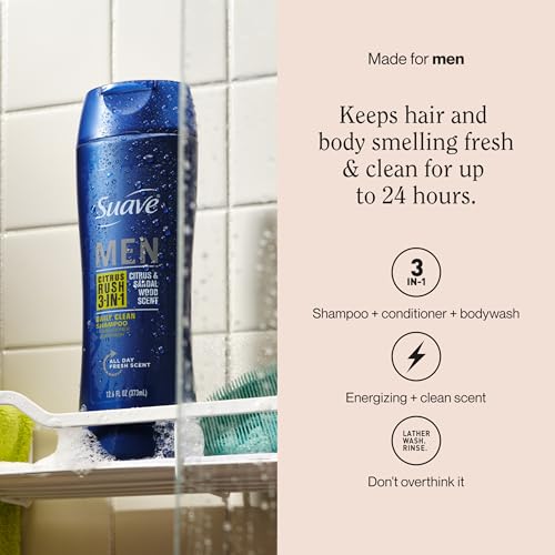 Suave Men Citrus Rush 3-in-1 Shampoo Conditioner & Body Wash 12.6oz (6 Pack)