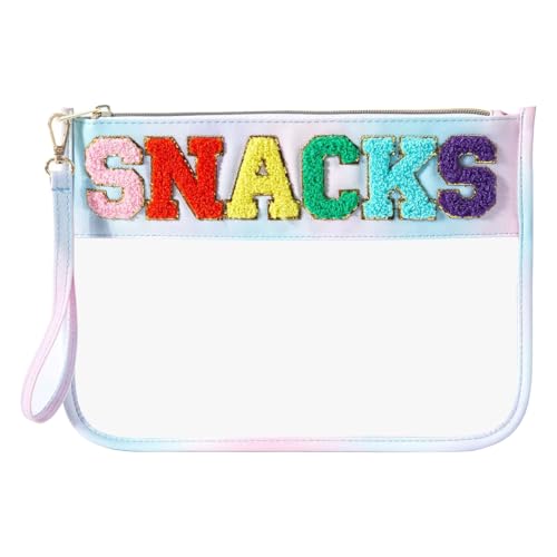 HIGH FIT Waterproof Clear Cosmetic & Snack Pouch with Chenille Letter Patch - Travel Makeup Bag, Multi-Use, Color: Snack