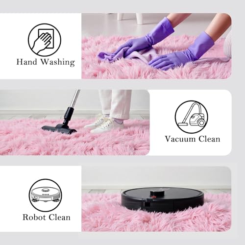 Soft Plush Pink Shag Area Rug, 2x3 Non-Slip Bedroom Carpet