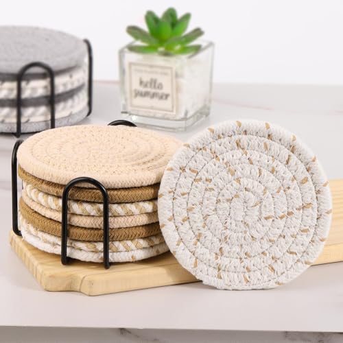 16 Pcs Cotton Woven Drink Coasters Set with Holder - 8 Colors