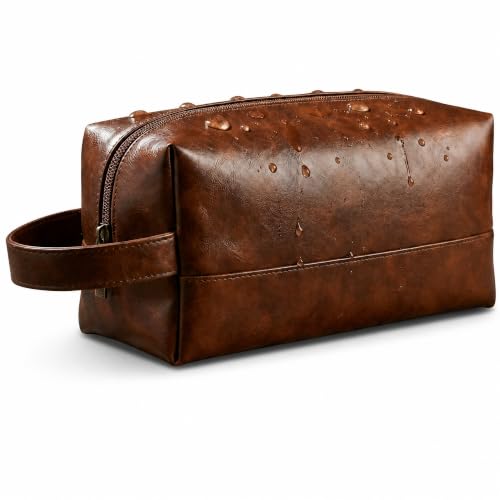 OIMEI Brown PU Leather Toiletry Bag for Men Travel Shaving Kit with Wide Opening