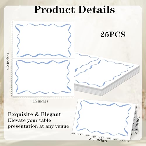 Blue Wavy Place Cards - 25 Pack Watercolor Table Tent Cards