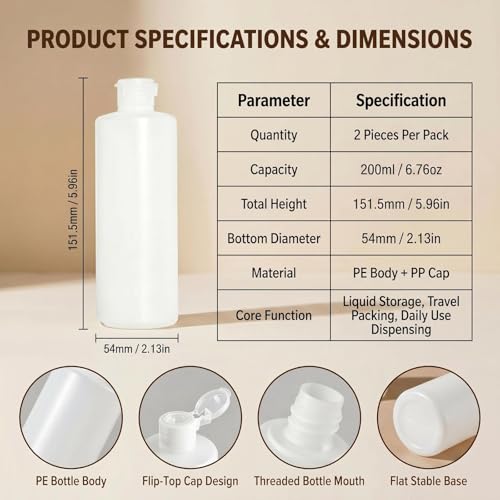 2-Pack 200ml Clear Plastic Squeeze Bottles with Flip Cap for Cosmetics & Travel