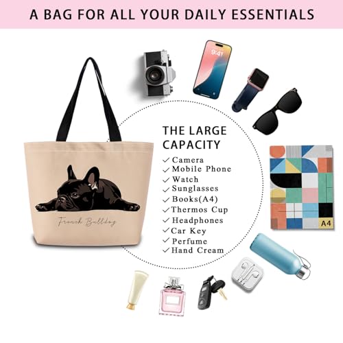 French Bulldog Tote Bag - Reusable Shopping Handbag with Zipper Pocket