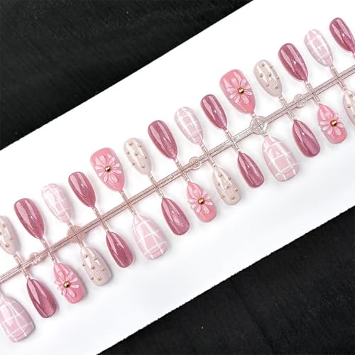 WFBBKP Flower Fake Nails - 30Pcs Short Almond 3D Flower Design with Gold Rhinestones, Pink Glitter, Full Cover, DIY Manicure (Variation 9)