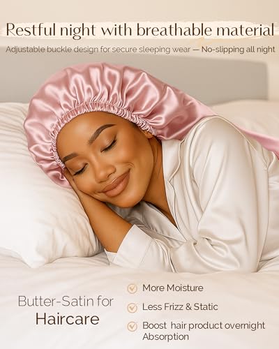 YANIBEST Adjustable Satin Sleep Bonnet - Large Blush Pink Long Hair Cap