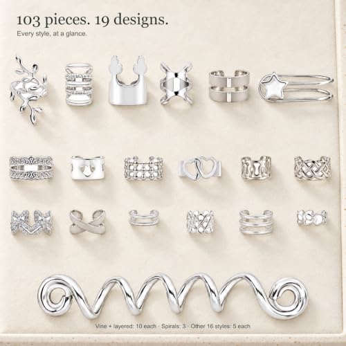 Vaikby Silver Hair Jewelry Set for Braids & Locs, 103PCS Hair Cuffs & Rings