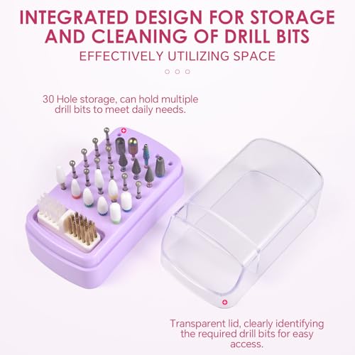 Pink 2-in-1 Nail Drill Bit Holder & Cleaning Brush Case - 30 Holes, Dustproof, Manicure Organizer