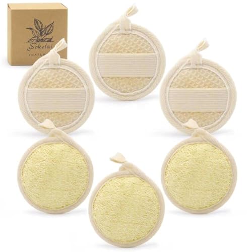 Wokelai 6 Pack Natural Loofah Facial & Body Scrub Pads 3.15in Exfoliating Loofa Brush
