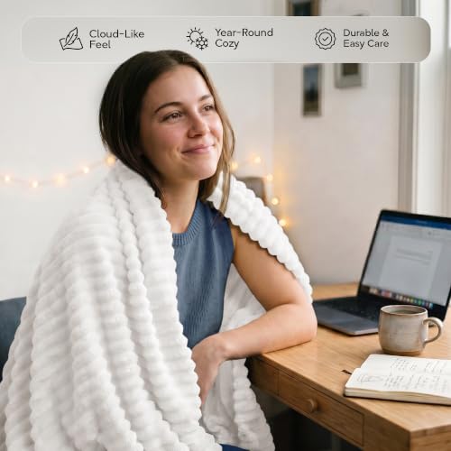 Utopia Bedding Fluffy Striped Fleece Blanket - 50x60 Inches Off White