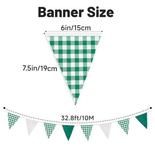 G2PLUS Green and White Gingham Bunting Banner - 32Ft Cotton Party Garland