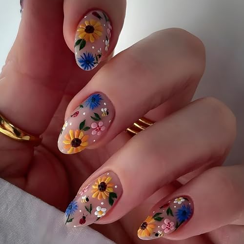 Dulyork 24 Pcs Medium Almond Flower Press On Nails - Spring Floral Designs