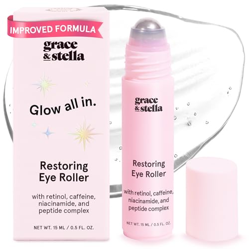 grace & stella Under Eye Brightener Roller - Airplane Travel Essentials - Travel Size Toiletries - Retinol & Caffeine Eye Serum for Puffiness, Dark Circles, Wrinkles - Vegan Skincare (15ml / 0.51floz)