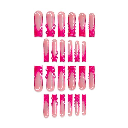 RUOKEXIN Long Press on Nails C7C27 French Tip Fake Nails Red Sparkly 3D Designs, Square, 24Pcs
