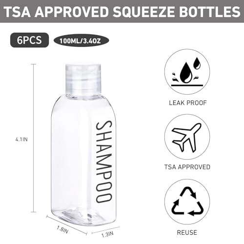 TSA-Approved 3.4oz Clear Travel Bottles - 6-Pack with Printed Labels