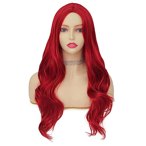 Long Red Curly Wavy Synthetic Wig for Halloween Cosplay and Daily Wear