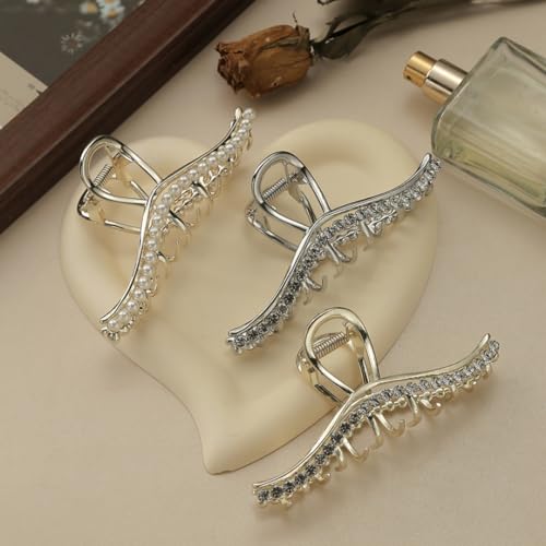 Textention Rhinestone Pearl Hair Claw Clips - Pattern D, 4.4 Inch, 3 Pack