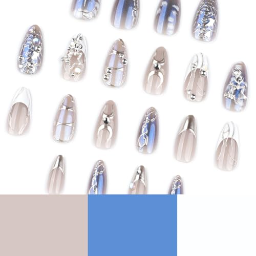 HPYFOI Medium Almond Press On Nails Y2K Silver Chrome Star Charms, Style-11