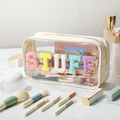 Kacctyen Beige Stuff Letter Makeup Bag with Zipper - Travel Pouch