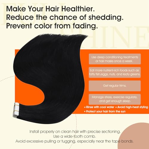 Full Shine Tape in Hair Extensions Human Hair 18Inch Remy Tape ins Human Hair Extensions Color 1 Jet Black Fashion Extension, Seamless Silky Straight Skin Weft 20Pcs 50G Add Length for Wedding