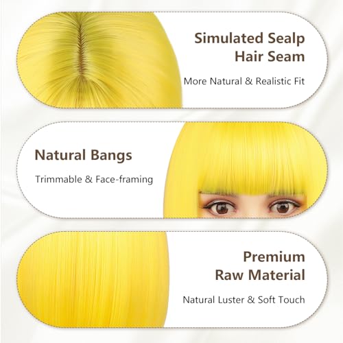 Yellow 12-Inch Synthetic Bob Wig with Flat Bangs for Costume & Parties