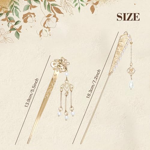 Lawie 10 Pack Retro Gold Metal Hair Sticks with Pearl Dangles