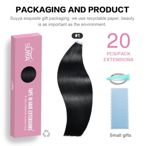 12 Inch Tape In Hair Extensions - SUYYA Remy Human Hair #1 Jet Black