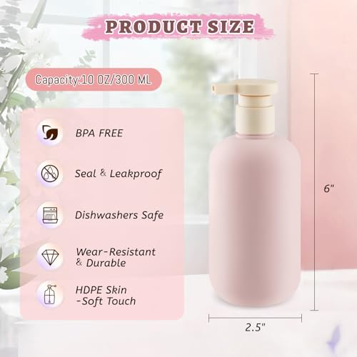 6-Pack 10 oz Refillable Pink Plastic Pump Bottles for Travel and Bathroom