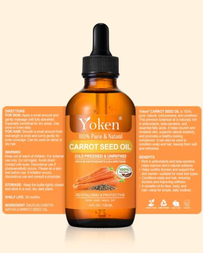 Yoken Cold Pressed Carrot Seed Oil 4oz - Pure Moisturizing Oil for Skin & Hair