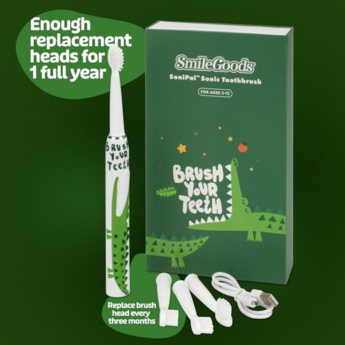 Practicon SmileGoods SoniPal Alligator Sonic Kids Toothbrush - Rechargeable Electric Toothbrush with 3 Modes & 4 Brush Heads