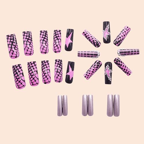 FIEONCIY Star Rhinestone Press On Coffin Nails - Glossy Full Cover Square Fake Manicure