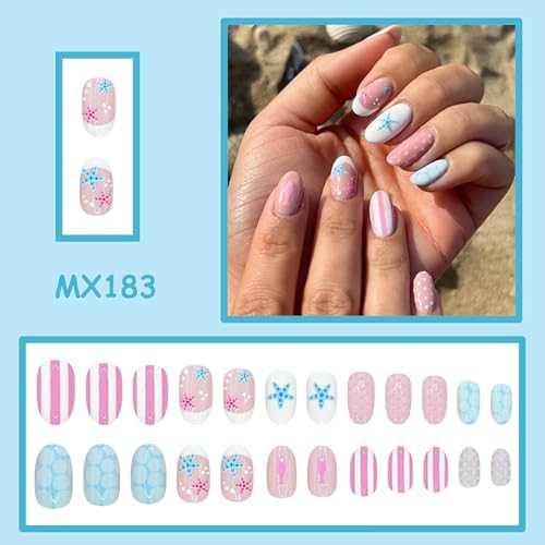 Mtruil Summer French Tip Press-On Nails Set - Designs 23, Short Almond, Pink & Blue Beach Nail Art, Reusable 24 pcs