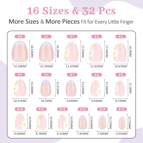 QIEK Kids Press On Nails French Purple Flower - 16 Sizes, Safe & Non-Toxic