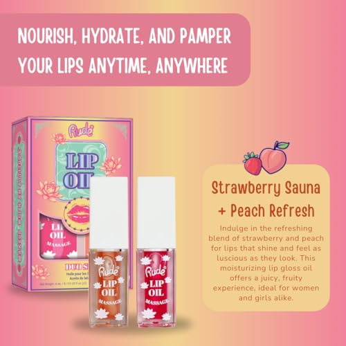 RUDE Cosmetics Tinted Lip Oil Set - Hydrating & Nourishing Strawberry Peach