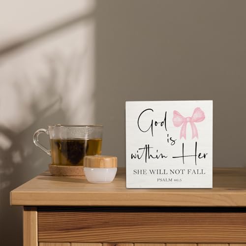 Christian Inspirational Wooden Box Sign with Pink Bow - 5x5 Inches