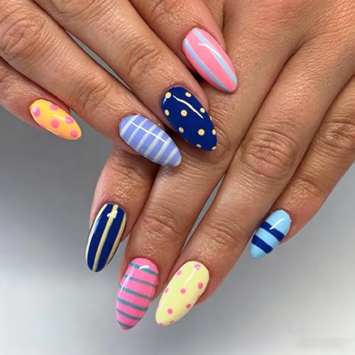 Colorful Medium Almond Press-On Nails with Stripe & Polka Dot Design - 24Pcs