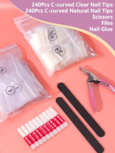 Deciniee 480Pcs Natural & Clear Square Nail Tips Kit with Glue - Extra Long C Curve, 12 Sizes, Half Cover, DIY & Salon Use
