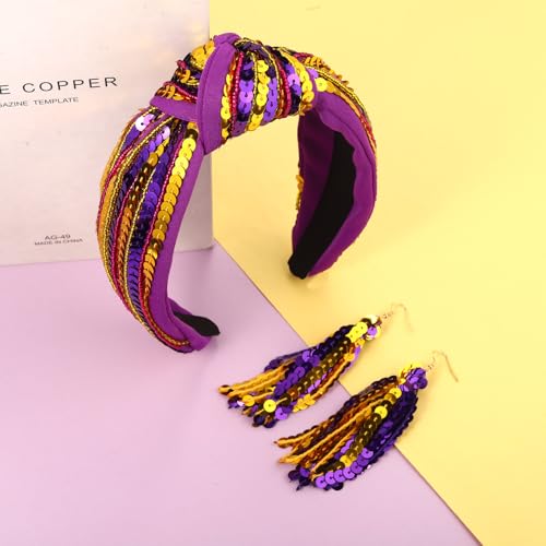 ARATLENCH Purple & Gold Sequin Game Day Headband with Top Knot for Football Fans
