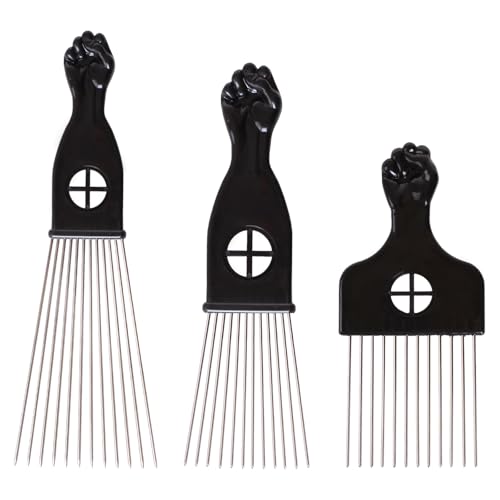 COOKOO 3 Pack Metal Afro Hair Combs - Wide Tooth Picks for Curly Hair