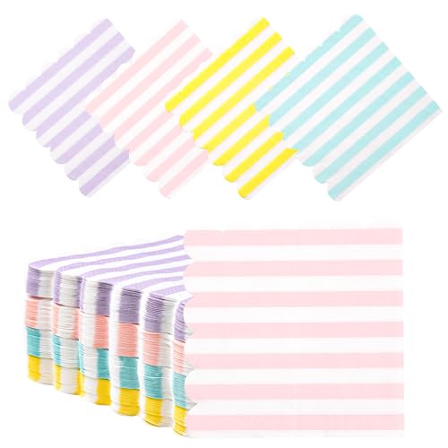 100 Pastel Striped Disposable Cocktail Napkins - 5x5 Inches Scalloped Design for Parties