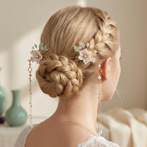 Camelia 5pcs Flower Tassel Hairpins for Women, Retro Crystal Pearl Hair Clips, Hanfu Wedding Bridal Accessories