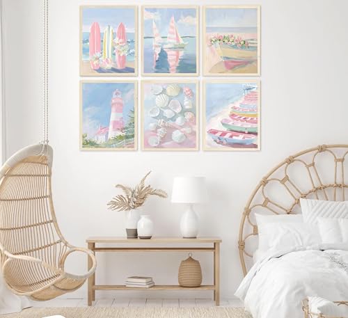 6 Pcs Pink Coastal Wall Art Set - Aesthetic Beach Prints for Girls