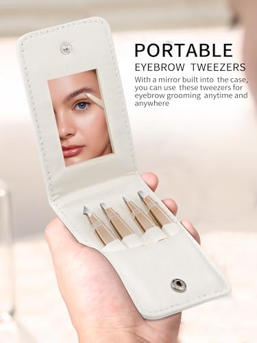 4-Piece Stainless Steel Tweezers Set with Travel Mirror Case