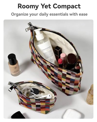 2-Piece Checkered Makeup Bag Set - Canvas Cosmetic Pouch & Travel Organizer