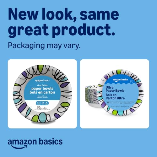 Amazon Basics 20 Oz Disposable Paper Bowls - 50 Count, Microwave Safe, Soak Proof