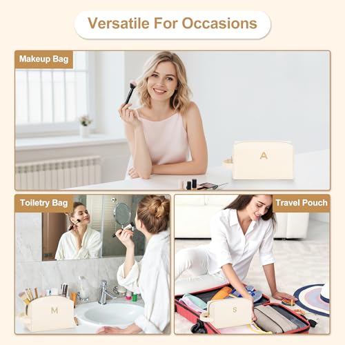 Personalized Initial Makeup Bag - Waterproof PU Leather Cosmetic Travel Pouch