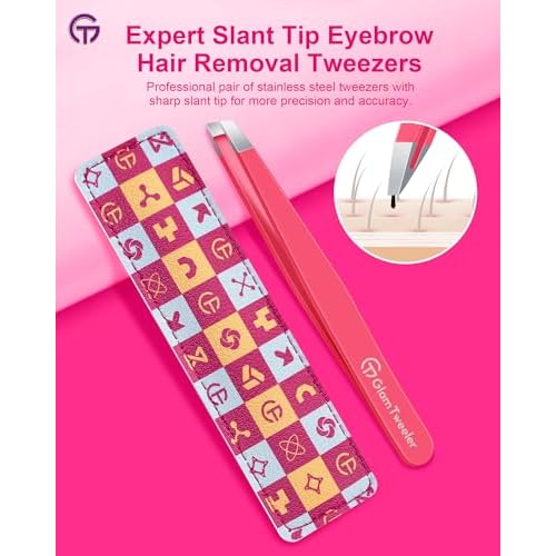 Expert Eyebrow Hair Removal Tweezer with Leather Case, GlamTweeler High Precision Slant Tip Stainless Steel Tweezers for Men and Women (Hot Pink)