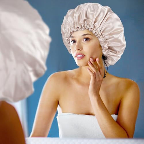 Edoneery Champagne Satin Double Layer Sleep Bonnet for Women, Adjustable Hair Cap