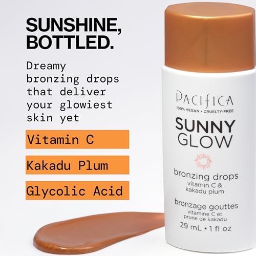 Pacifica Sunny Glow Liquid Bronzer Drops 1 Fl Oz - Face & Cheeks Sun-Kissed Glow with Vitamin C & Glycolic Acid
